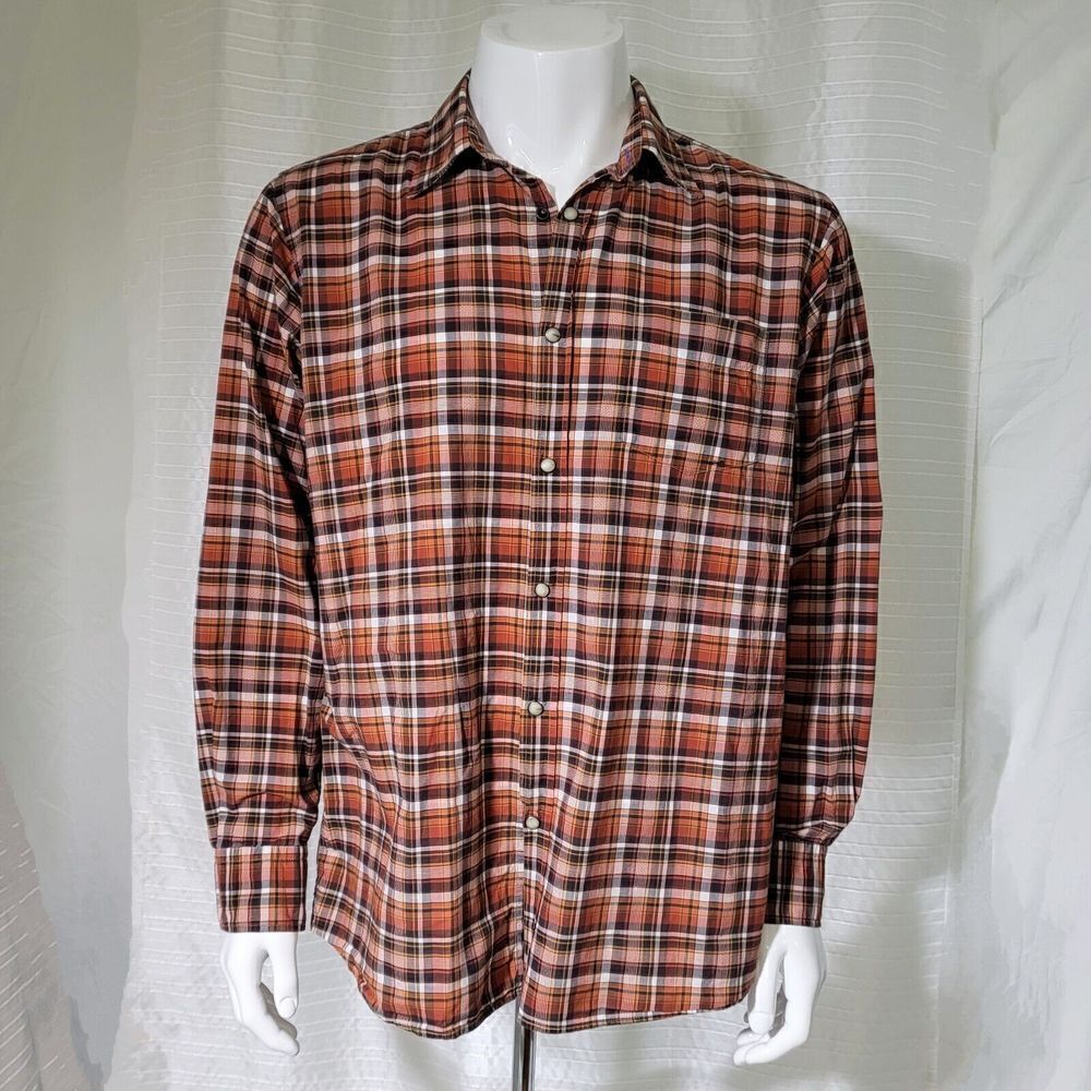ShirtByShirt Men's M Lightweight Plaid Shirt Snap Close Burnt Orange Black